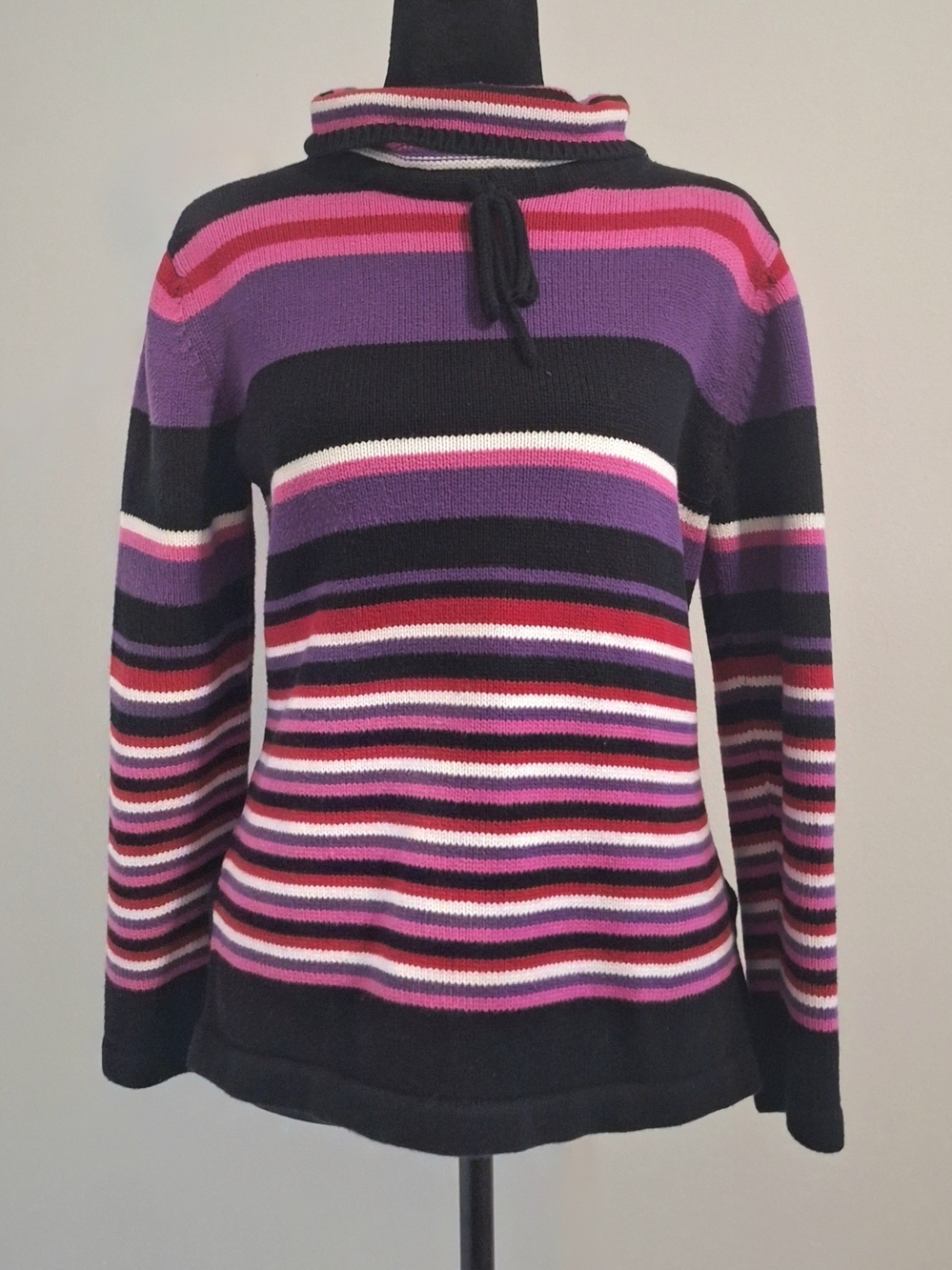 Vintage 90s Crazy Horse By Liz Claiborne Black, Purple And Pink Striped Sweater